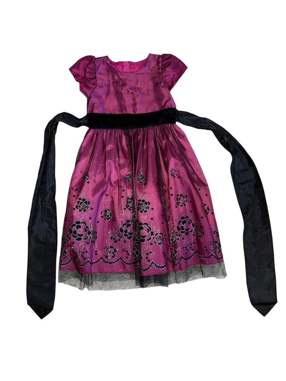 Girls Purple Floral Party Dress with Black Sash